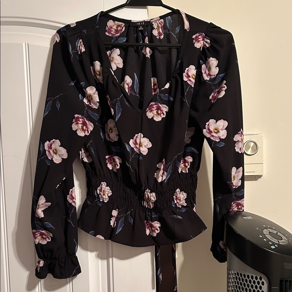 iris Black V-Neck Floral Smocked Waist Blouse